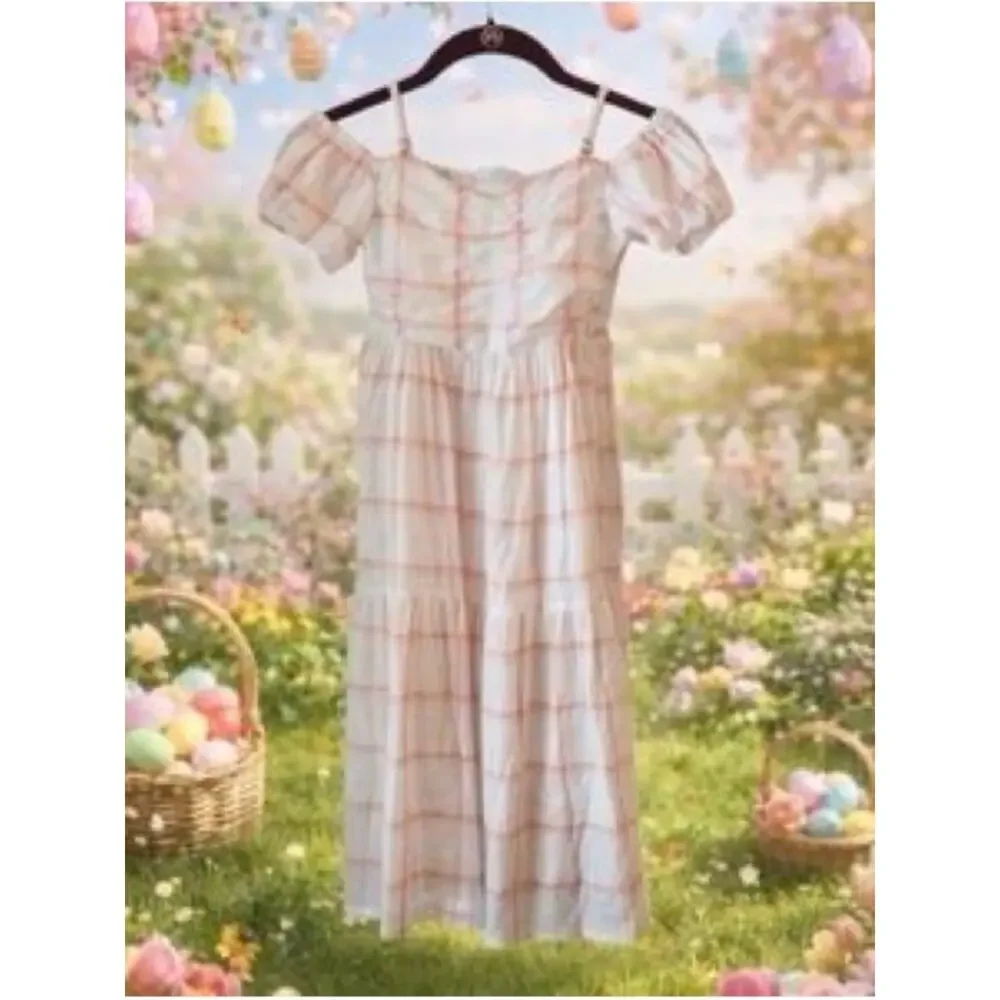 Cat Jack Girls Cold Shoulder White Dress with Pink Windowpane Plaid Medium 8